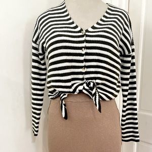 White and Green Wafle Knit Striped Tie Front Sweater Top